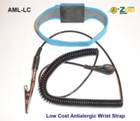 Anti-alergic, adjustable wrist strap, 4mm snap, blue, 8' black coil cord, alligator clip. No metal backing. Increased comfort.