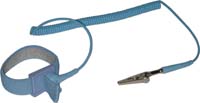 Adjustable wrist strap (4mm stud, color blue) with coil cord: 4mm snap - rotating banana jack to prevent cord twisting and an alligator clip (length 12ft, color blue)