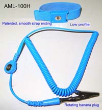 Adjustable Low Profile wrist strap (4mm stud, color blue) with coil cord (length 8ft, color blue, 4mm snap - rotating banana jack to prevent cord twisting and an alligator clip). FOR AML-100H12 the cord is 12' long. Please add 0.70 to the pice.
