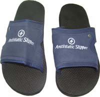 Anti-static economy slipper.  Sizes: 250-280mm (European  #34 - #44) Upper:  material: 65% polyester, 30%cotton and  5% conductive yarn. Sole – PVC. Resistance: 10e5-10e9 Ohm.  Low cost footwear for comfort in the winter or summer.