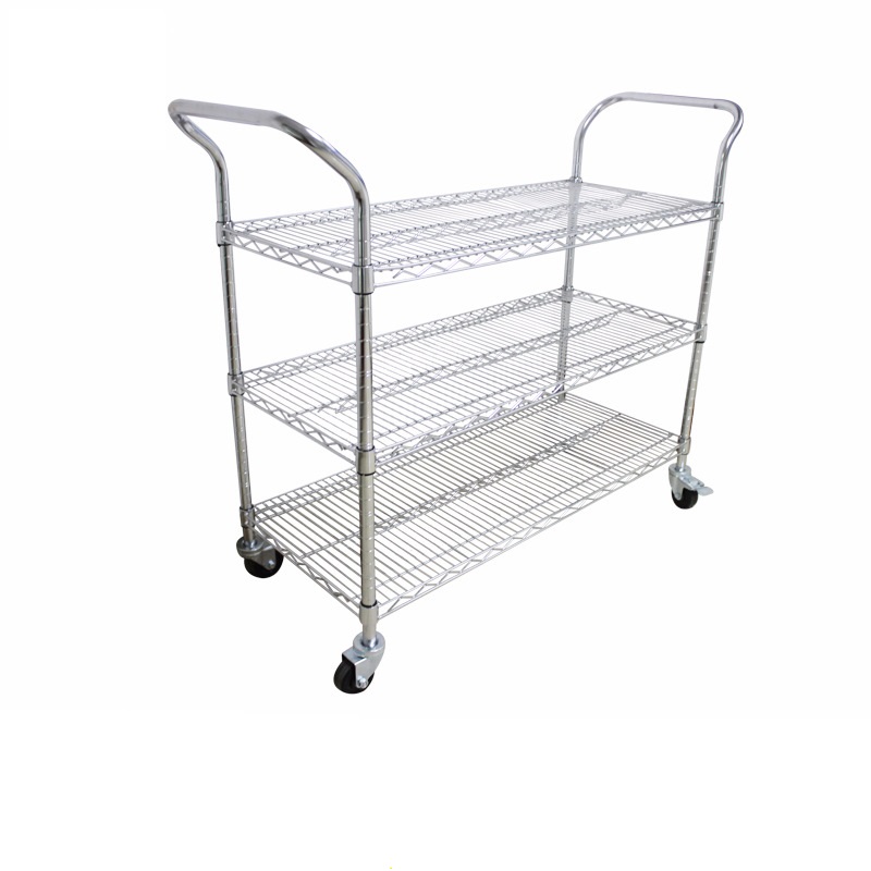 Low Cost, 3 levels, ESD Safe Narrow Cart. True Chromium finish (not a chromium looking paint), properly  grounded through conductive wheels. ESD safe performance on ESD floors guaranteed.