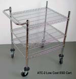 Low Cost, 3 levels, ESD Safe Wide Cart. True Chromium finish (not a chromium looking paint), properly  grounded through conductive wheels. ESD safe performance on ESD floors guaranteed.